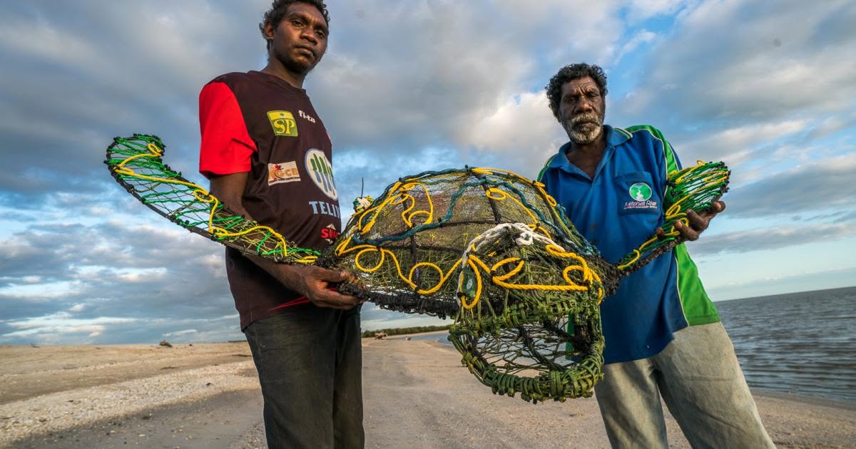 A sea turtle woven from ghost nets, Cape York