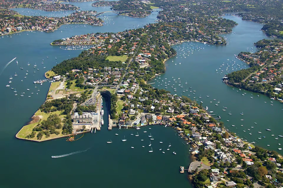 Aerial view of Sydney Harbour's peninsulas and bays