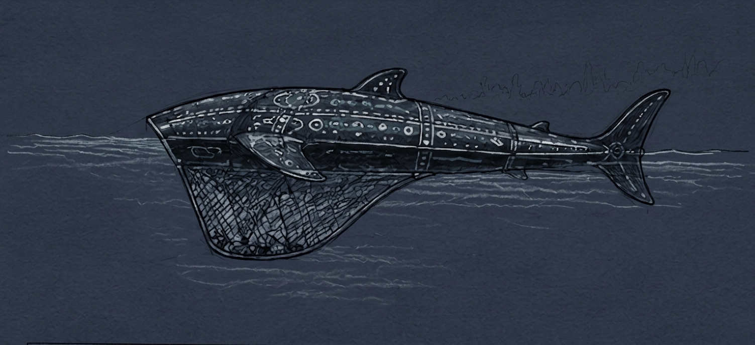 Side-view sketch of the Guardian with the waterline across its hull and rubbish visible in its catchment net below